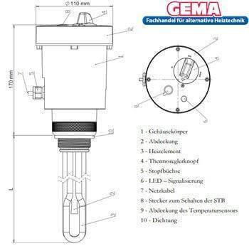 Technische Zeichnung des Heizstabs 9 kW mit Thermostat und elektrischen Anschlüssen