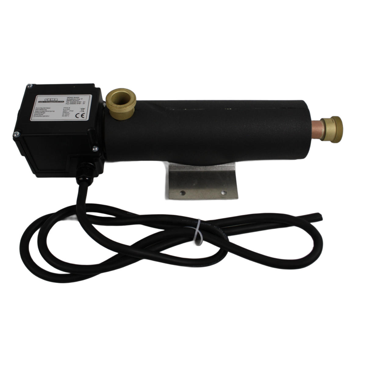 Schwarzer zylindrischer Wassererhitzer mit Elektrobox und Kabel für GEMA Trinkwasser Heizmodul