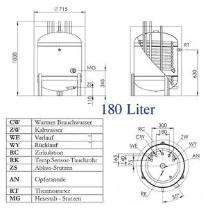 Technische Zeichnung des 180 L Brauchwasserspeicher mit Heizstab 3 kW, Maße und Spezifikationen