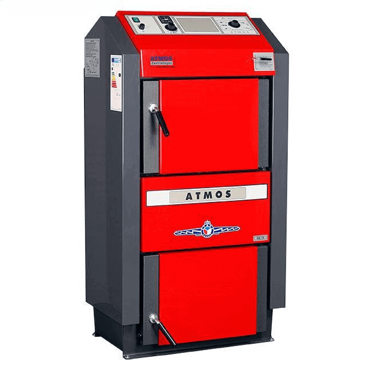 Heizkessel Atmos GS 🔥- 15 kW, effizienter Holzvergaser 🌳 mit 87,1% Wirkungsgrad, robustes Design in Rot und Schwarz.
