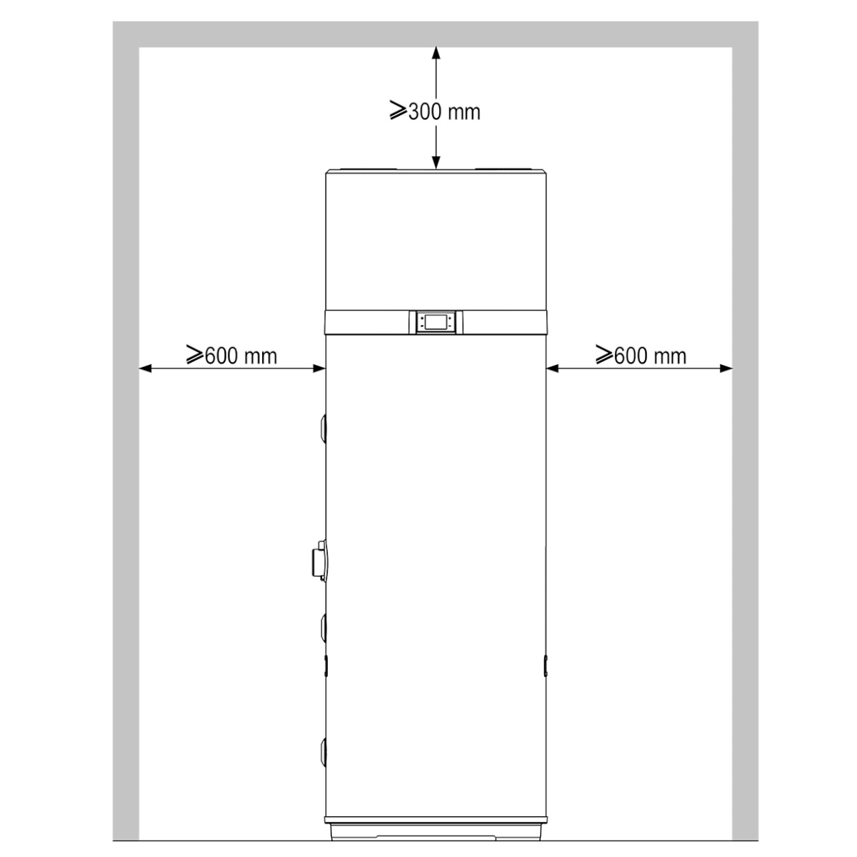 Daikin Altherma M HW 200 dimensions diagram: height >300mm, width >600mm, depth >600mm for optimal installation.