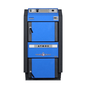Blaue und graue Holzvergaser Atmos GSE Serie 19 kW für effizientes Heizen