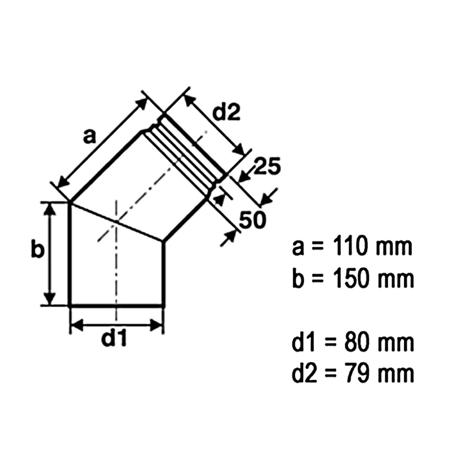 Technische Zeichnung eines 90° Winkelstücks für Rauchrohre, Maße: a=110 mm, b=150 mm, d1=80 mm, d2=79 mm.