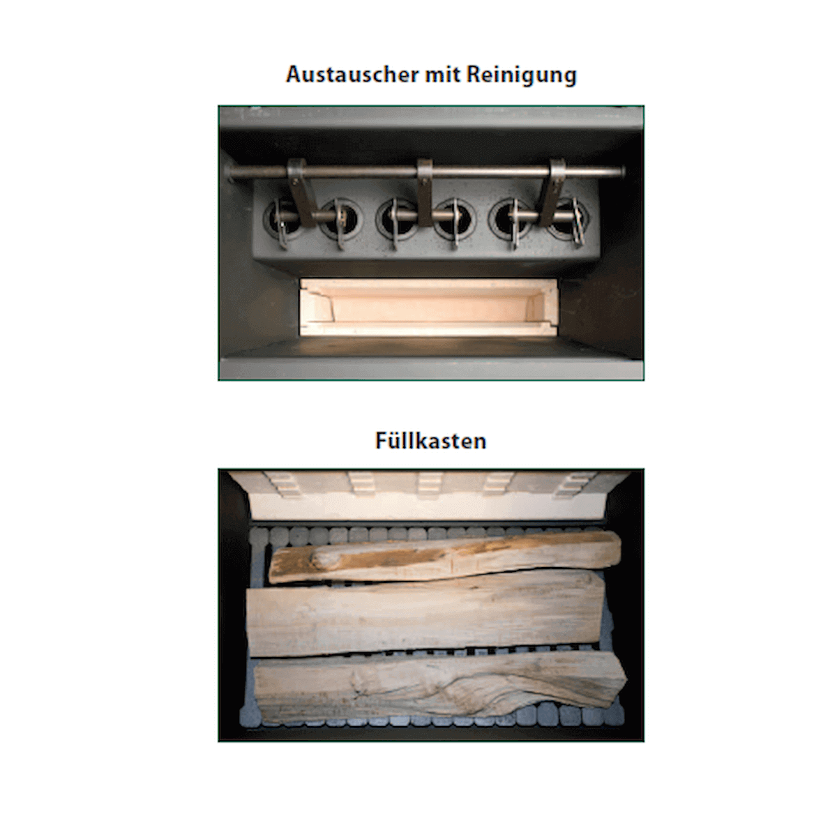 Innenansicht des Holzvergaser ROJEK PK BIO 30 mit Brennstoff und Flammen sichtbar