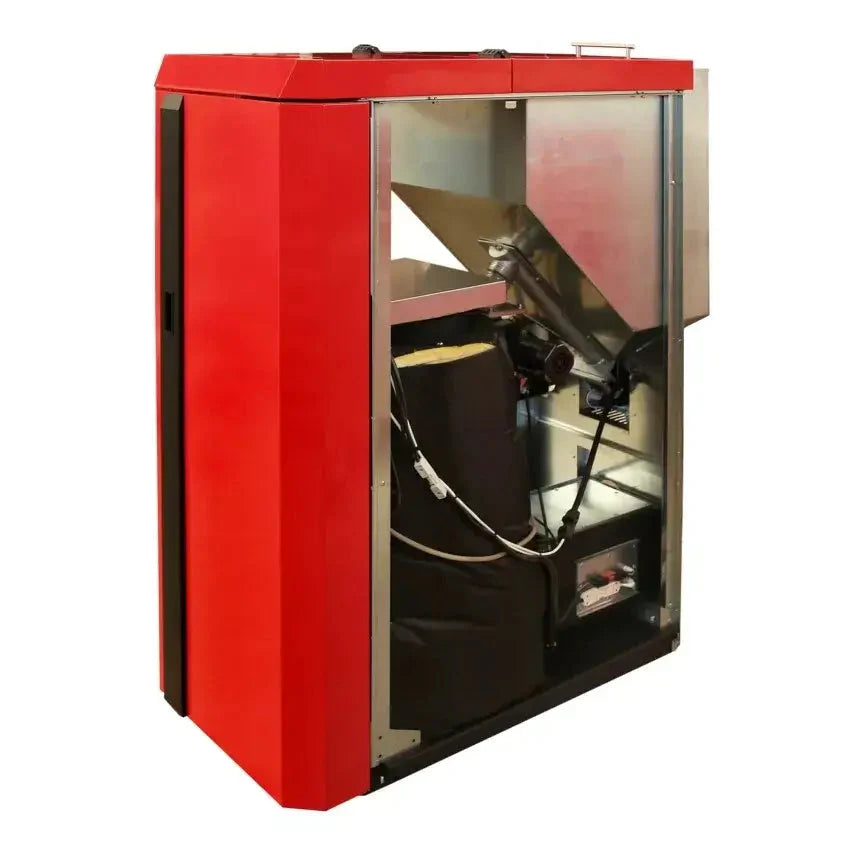 Rote und silberne Pelletofen im Thermoflux PID Logic Kombi 45 kW Holz- und Pelletheizung