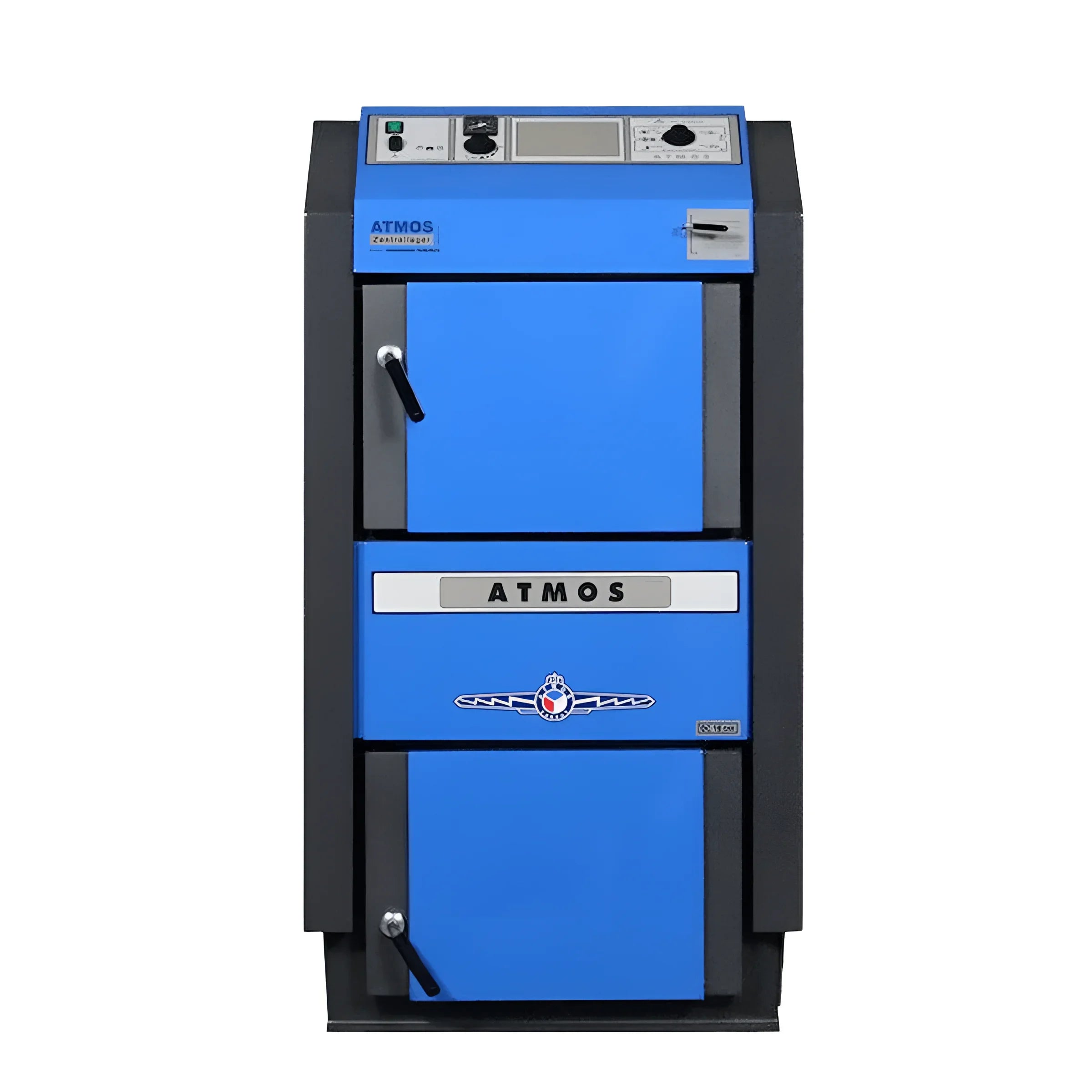 Atmos Holzvergaserkessel in Blau 🔵, effizient und langlebig für moderne Heizsysteme. Komplettpaket mit Pufferspeicher.