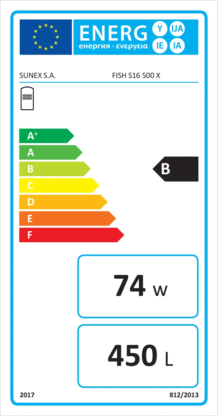 Energieeffizienzlabel Sunex Fish S16 mit B, 74W, 450L, Magnesiumanode, großflächige Wärmetauscher