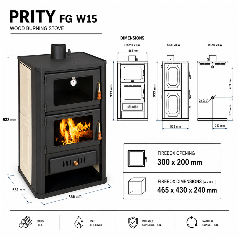 Peć na drva s vodenim gorionikom i prostorom za pečenje Prity FGW15 - 19,8 kW