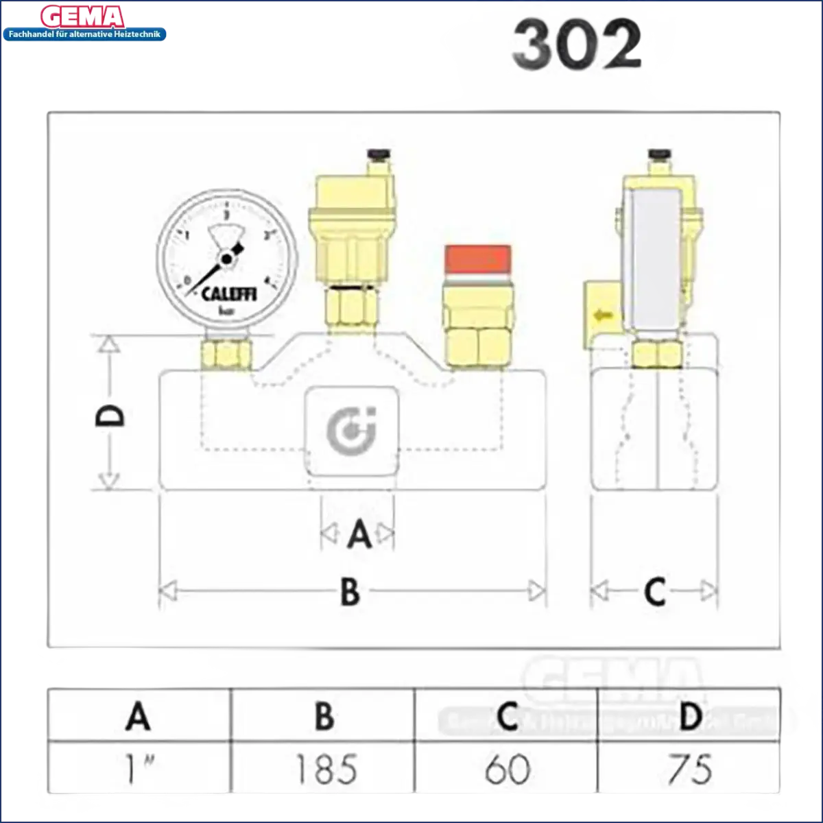 Plumbing-Komponentendiagramm mit Maßen für Caleffi Kesselsicherheitsgruppe 1-Zoll Sicherheitsventil