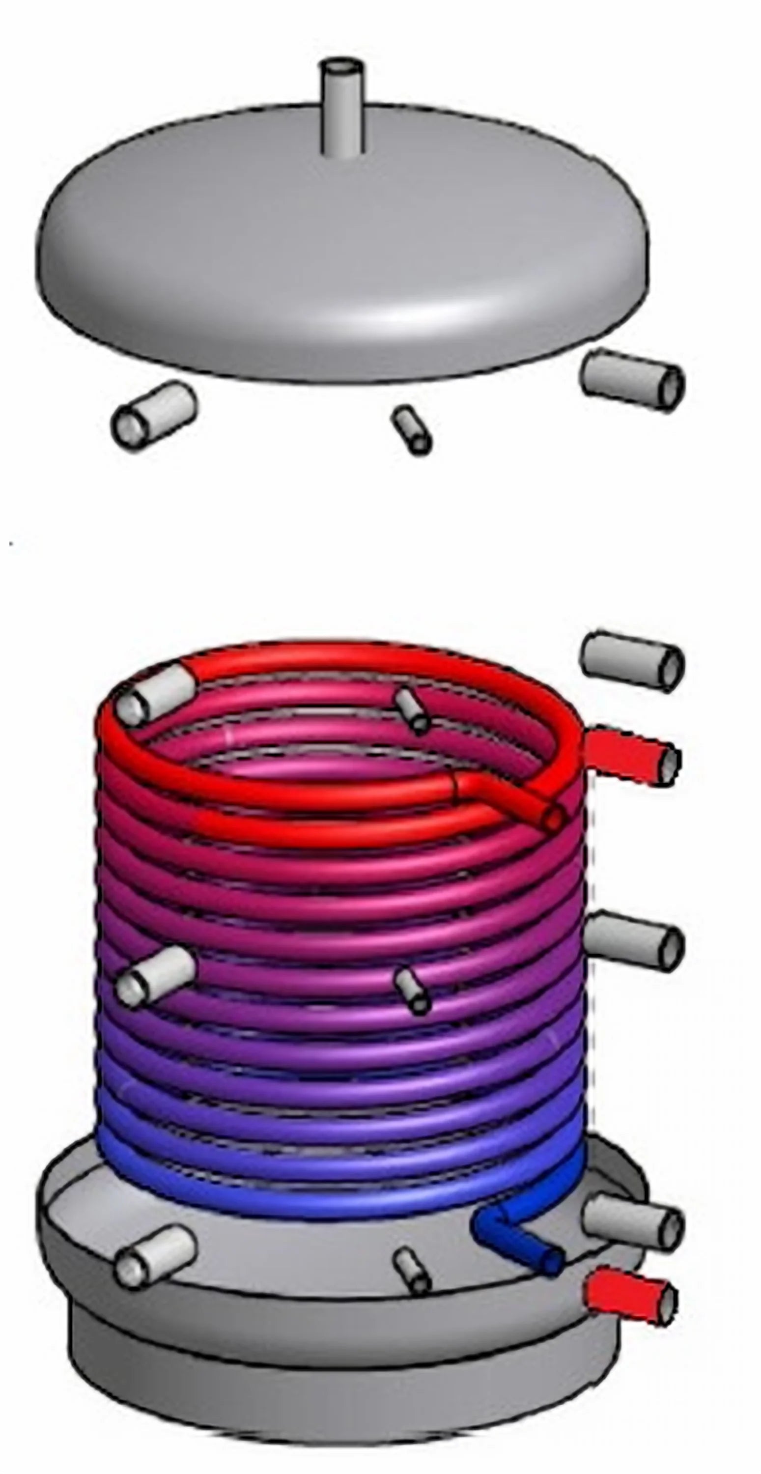 Explosionsansicht des Energie Pufferspeicher mit Wärmetauscher und coiled tube, einfache Montage