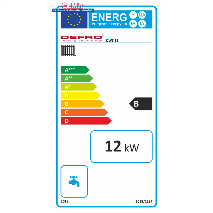 Energieeffizienz-Label für Heizgerät Festbrennstoffkessel Defro DWS 12 kW