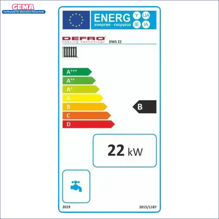 Energieeffizienzlabel für Heizgerät Festbrennstoffkessel Defro DWS 22 kW BImSchV-konform