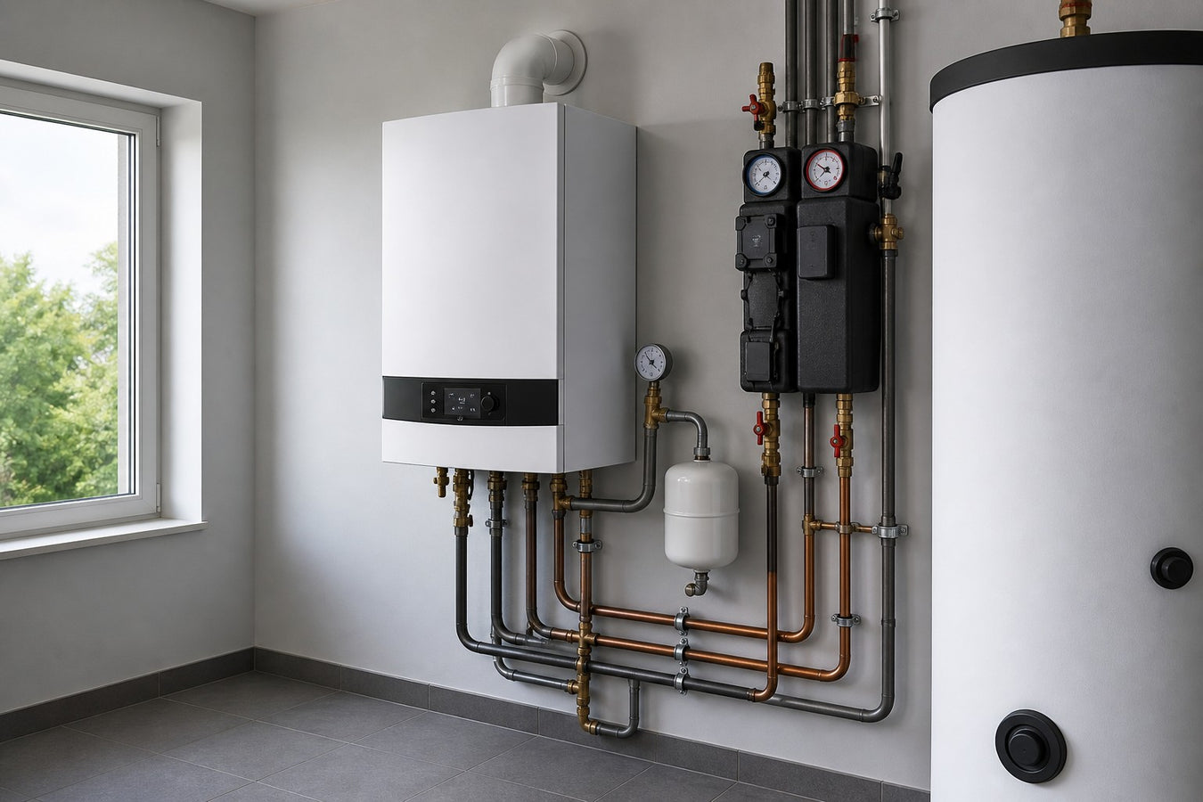 Gas-Brennwertgerät im modernen Heizraum mit Speicher und sauberer Rohrinstallation