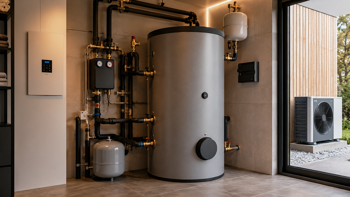 Wärmepumpenspeicher im modernen Heizungsraum mit sauberer technischer Installation