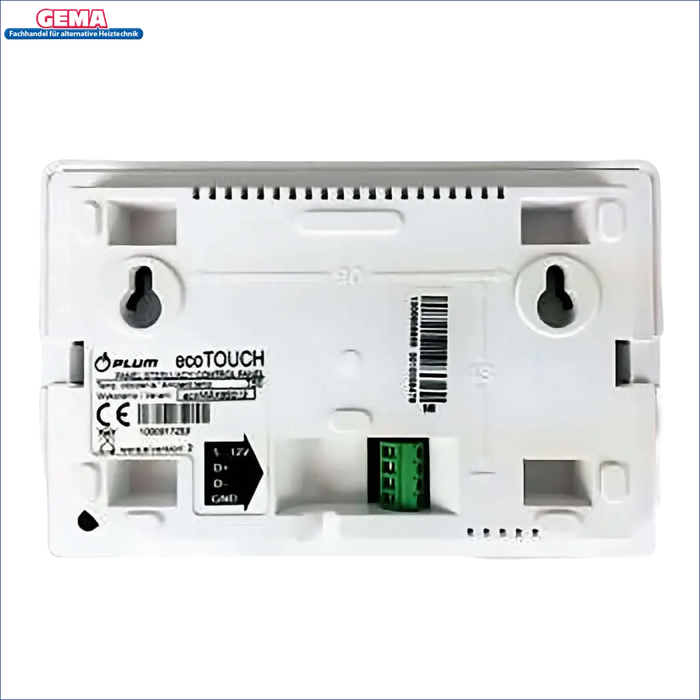 Weiße wandmontierte Steuerungspanel mit grüner Anschlussklemme für PLUM ecoTouch Raumthermostat