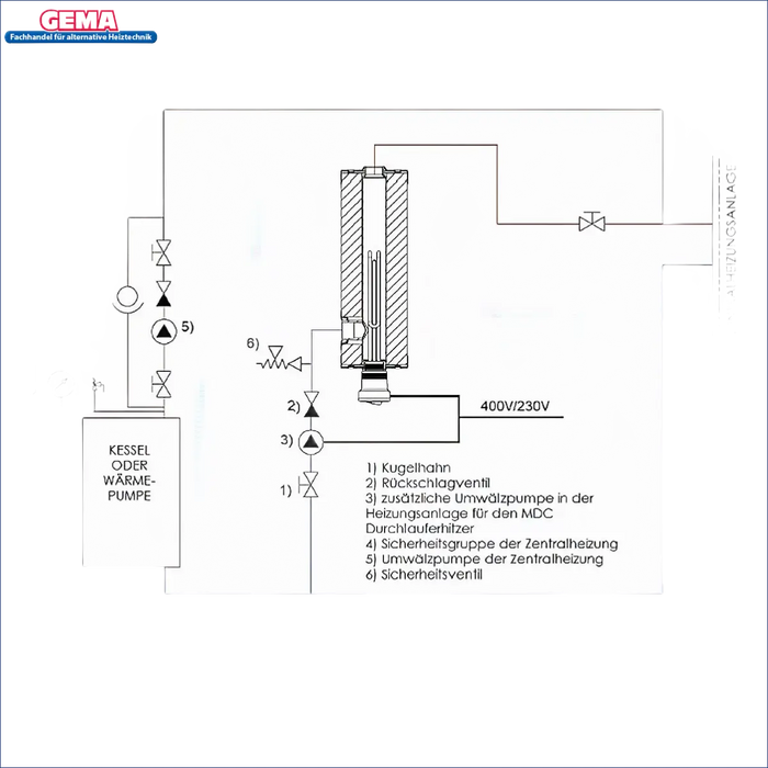 Diagramm eines Wasserm Heizsystems für PV Durchlauferhitzer Heizmodul Notheizung 1 1/2’’ MDC 400P