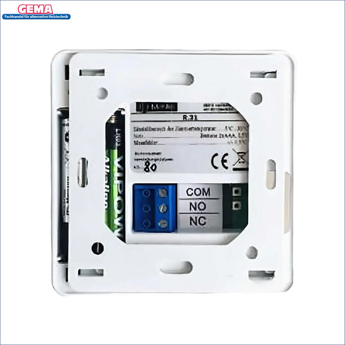 Weiße Thermostat-Backplate mit Batteriefach und Klemmenblock für Raumthermostat Master R.31