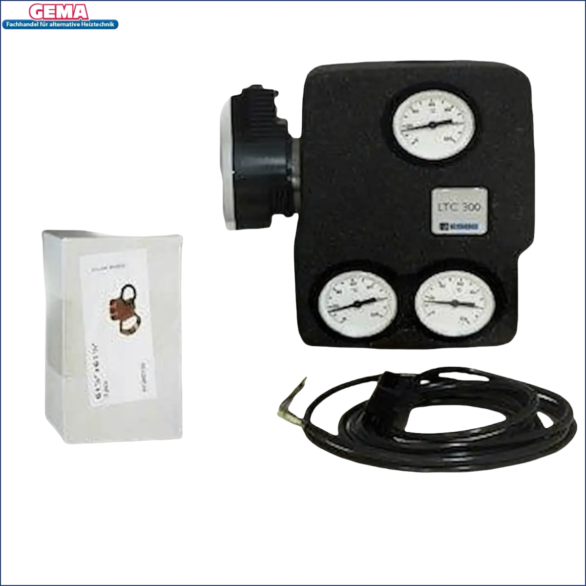 Schwarze Steuerbox mit Anzeigen und elektrischem Kabel für Rücklauftemperaturanhebung ESBE LTC361
