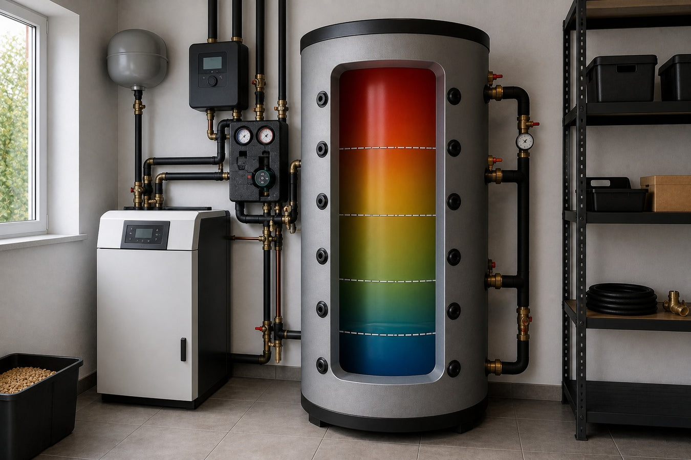 Schichtenspeicher mit Temperaturzonen, Rohrinstallation und Heiztechnik im modernen Heizraum