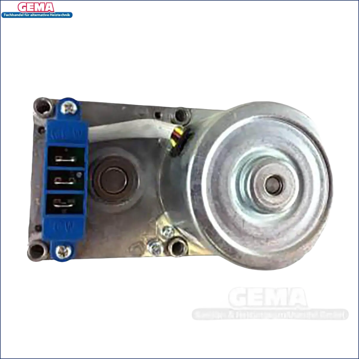 Elektrischer Motor mit blauer Kabelklemme und Metallriemenscheibe für Pelletkessel Thermoflux Pelling Eco