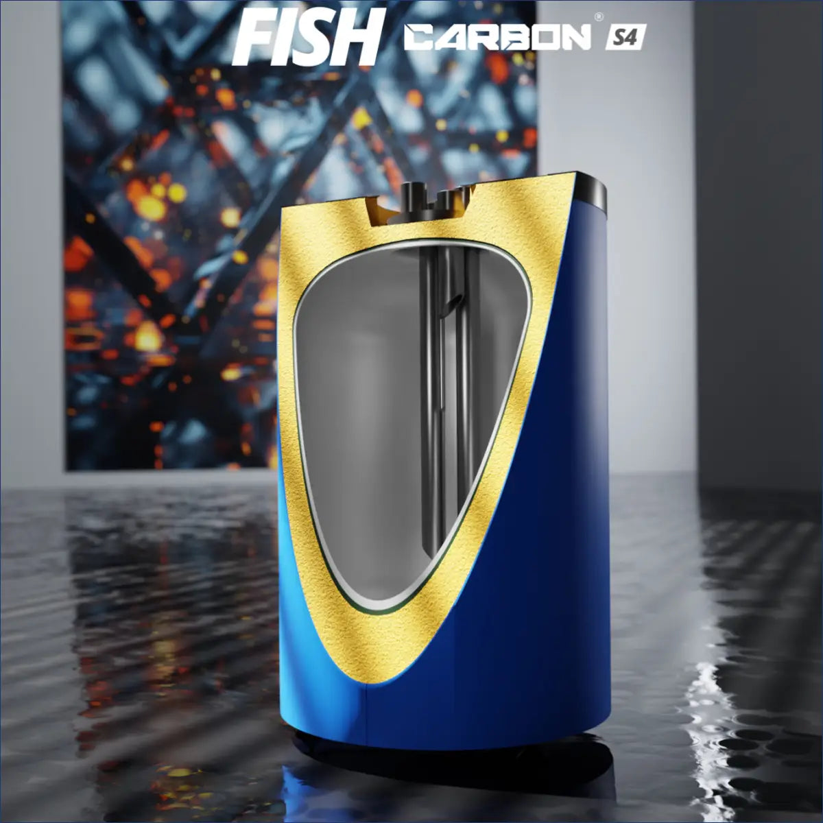 Blaue und goldene zylindrische Trinkwasserspeicher mit Schnittansicht Sunex FISH Carbon S4